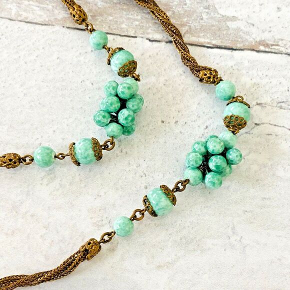 VTG Art Deco Czech Peking Jade Long Flapper Necklace Bead Cluster Stations 35"Lg - Picture 4 of 11